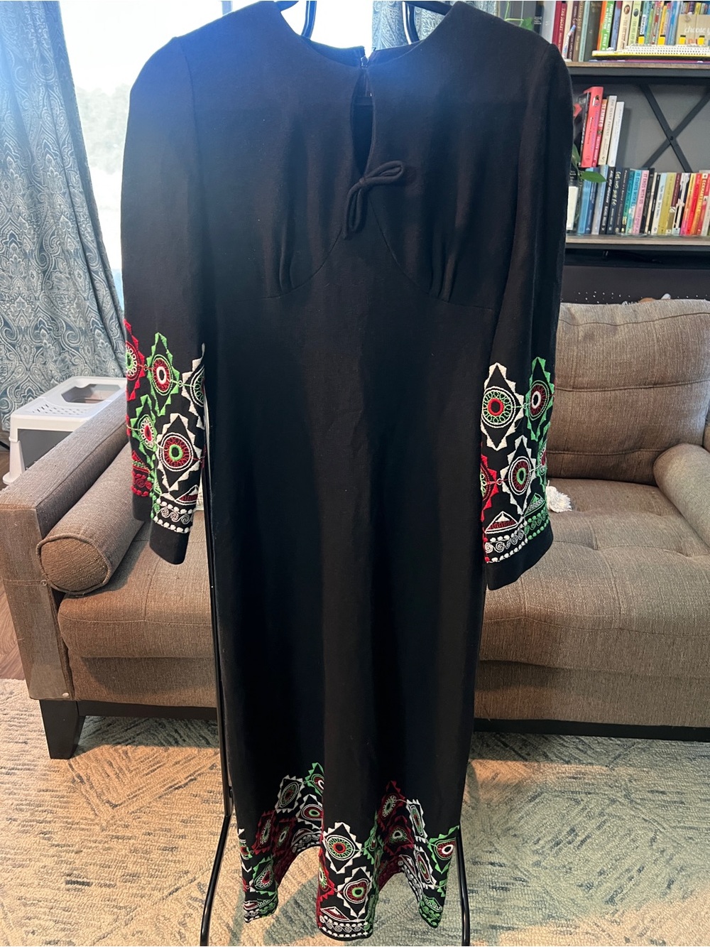Courtelle- Women's Black Embroidered Long Dress with Floral Sleeves